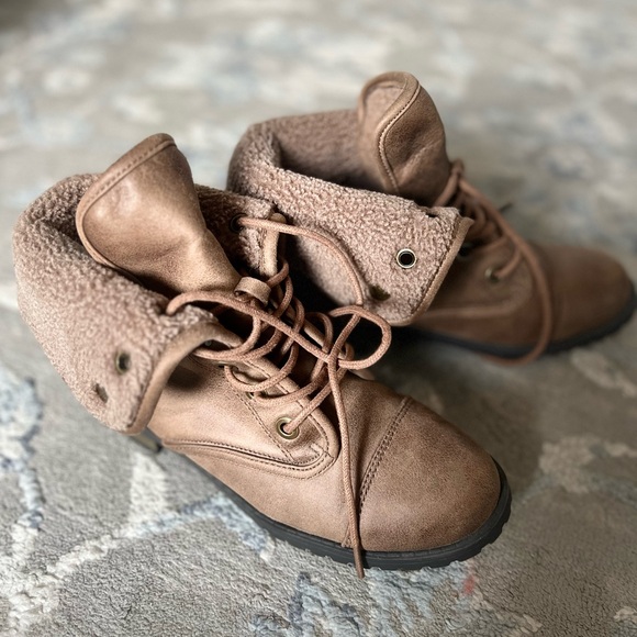 Self Esteem Combat Boots Shoes Waterfall Fold Over Faux Fur Brown Size 7.5 - Picture 9 of 9